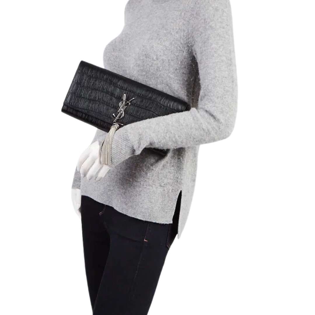 SAINT LAURENT CROCODILE-EMBOSSED KATE CLUTCH