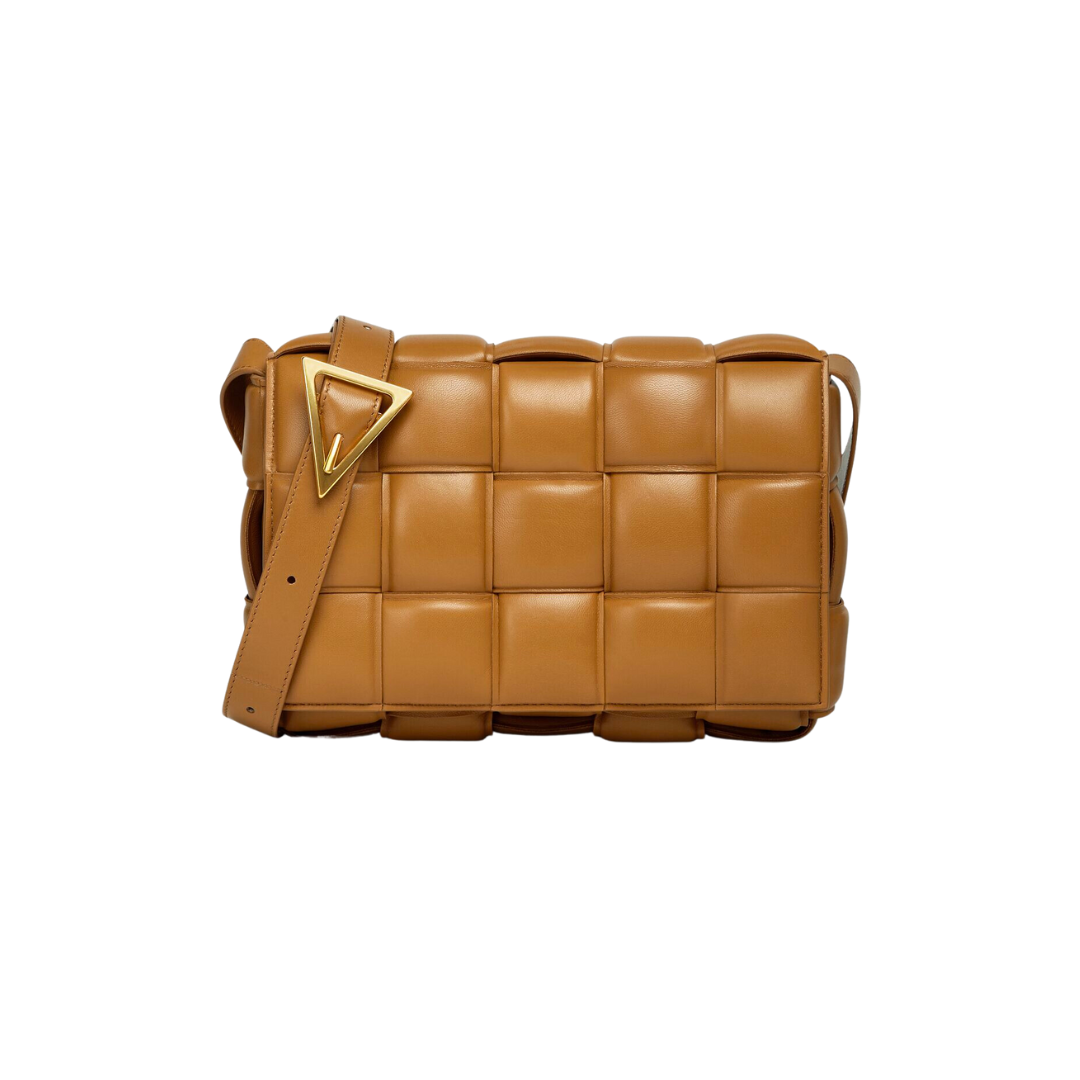 BOTTEGA VENETA CARAMEL PADDED CASSETTE BAG | Front Row Style