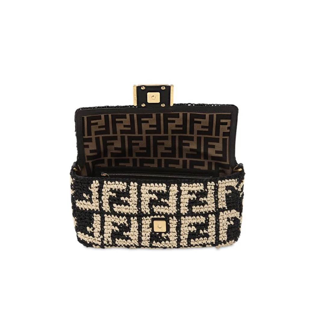 FENDI LOGO EMBROIDERED RAFFIA BAGUETTE BAG