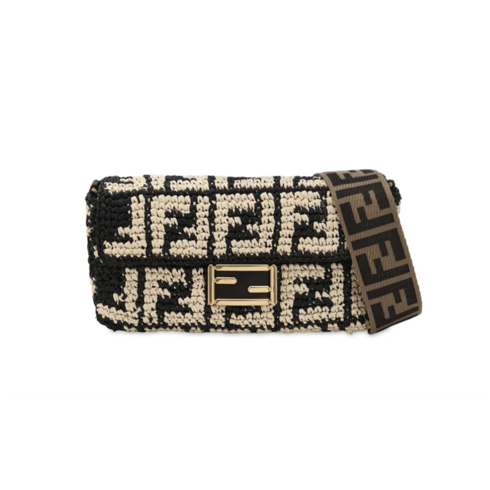FENDI LOGO EMBROIDERED RAFFIA BAGUETTE BAG