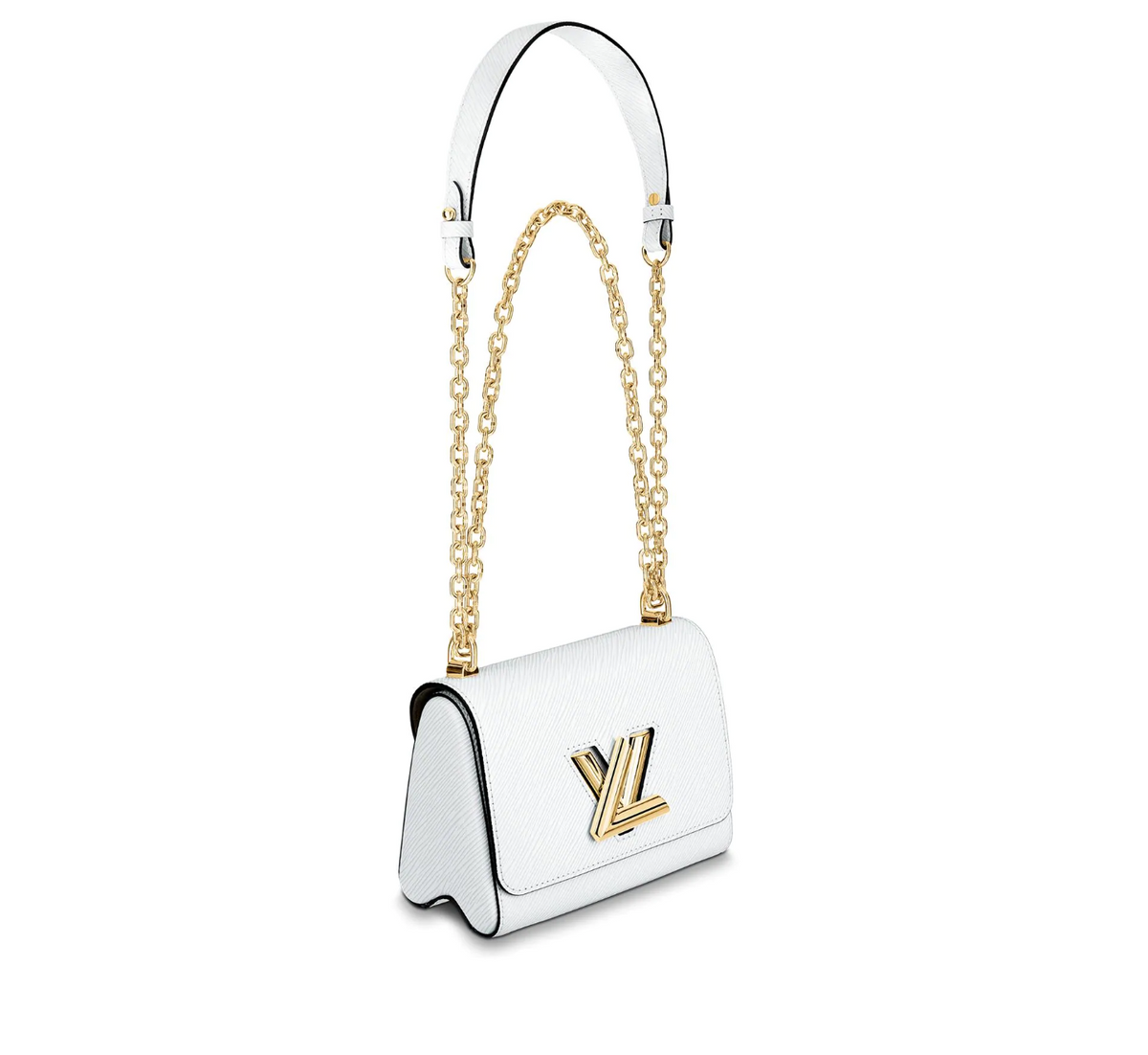 White louis vuitton purse with gold chain 2025